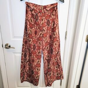 Vintage 90s H&M Silk Wide-Leg Red Orange Paisley Pants Size 8 Retro Boho Indie
